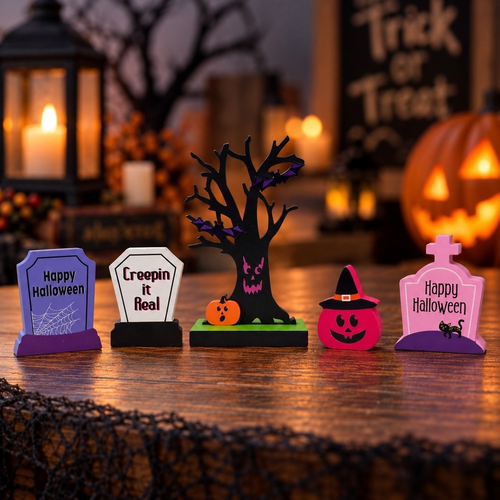 5pc Halloween Graveyard Mantel Tabletop Decor Spooky Tree Tombstones Pumpkin